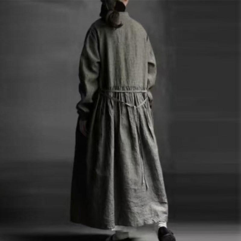 Johnature Spring Autumn Dress Retro Stand Collar Tie Long Sleeve Loose Simple Women Dresses