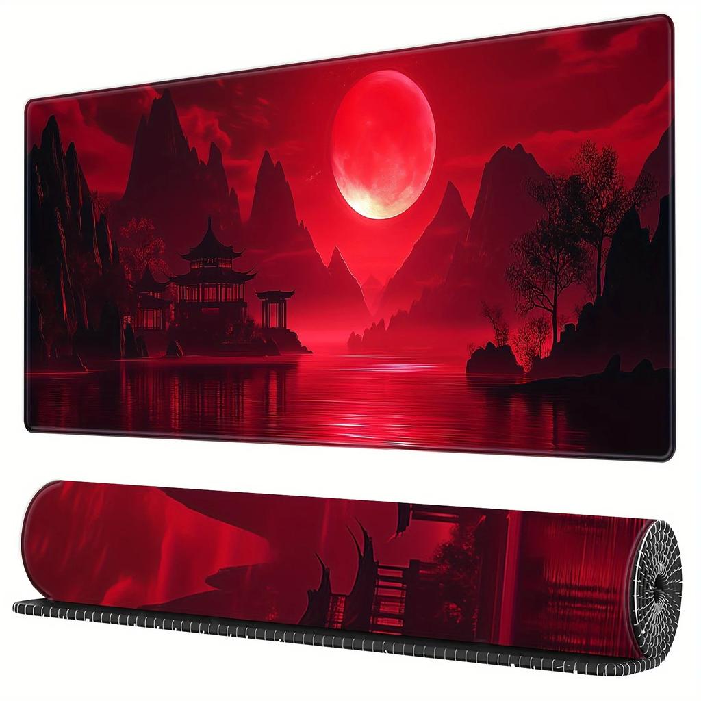XXL Sakura Herní podložka pod myš Červený měsíc Design Protiskluzová gumová Prošitý okraj HD Stolní podložka pod klávesnici pro PC a notebook Stolní příslušenství