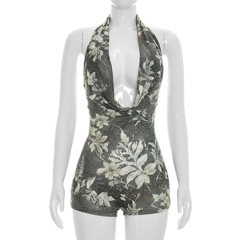 

European & American Style Women s Tie-Dye Tiger Stripe Halter Jumpsuit Shorts with Flowy Neckline and Open Back M
