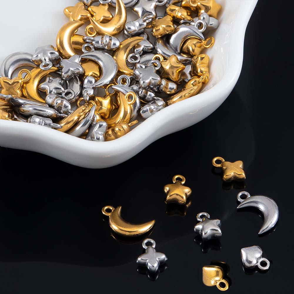 10pcs Stainless Steel Mini Heart Star Pendants Moon Necklace Charms for Earring Jewelry Making DIY Accessories Findings Supplies