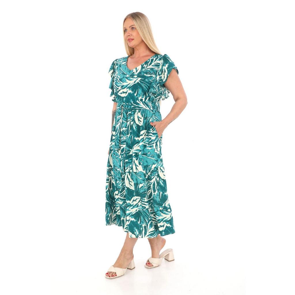Flounce Sleeves Crew Neck Belted Floral Patterned Long Viscose Dress