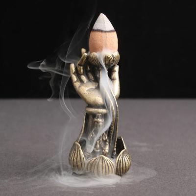 Brass Antique Buddha Hand Lotus Backflow Incense Home Decoration Incense Figurines Creative Miniatures Copper Office Ornaments