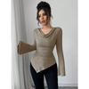 Women Solid Off Shoulder Slim Ribbed Knit Long Sleeve Commuting Pullover Base Top
