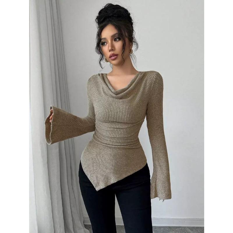 Women Solid Off Shoulder Slim Ribbed Knit Long Sleeve Commuting Pullover Base Top