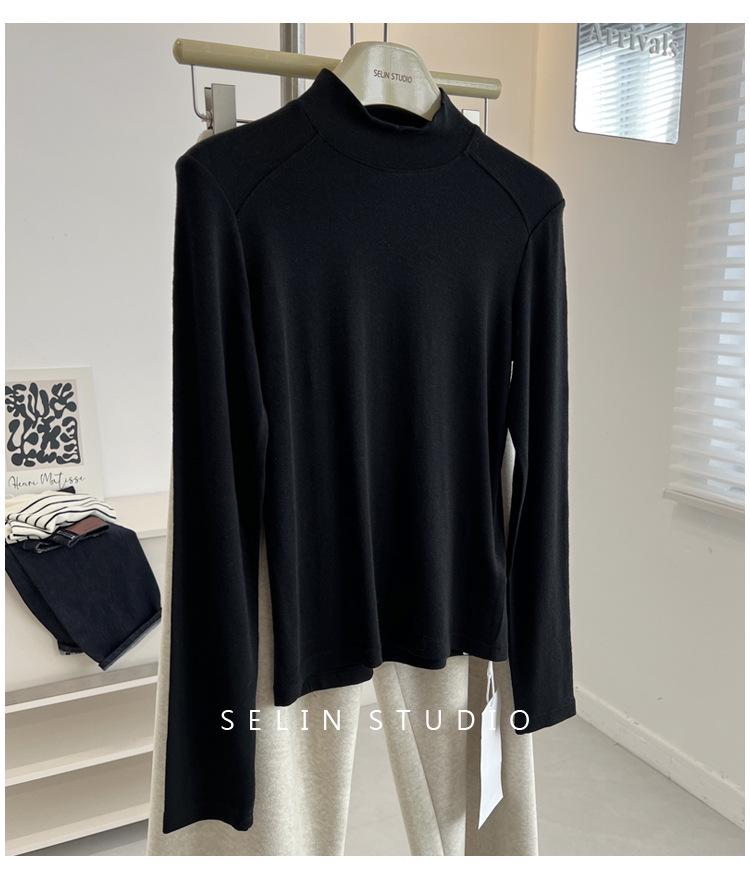 Korean-Style Double-Sided Oreo Fleece Half-Turtleneck Warm Base Layer Top for Women - Long-Sleeve Winter T-Shirt