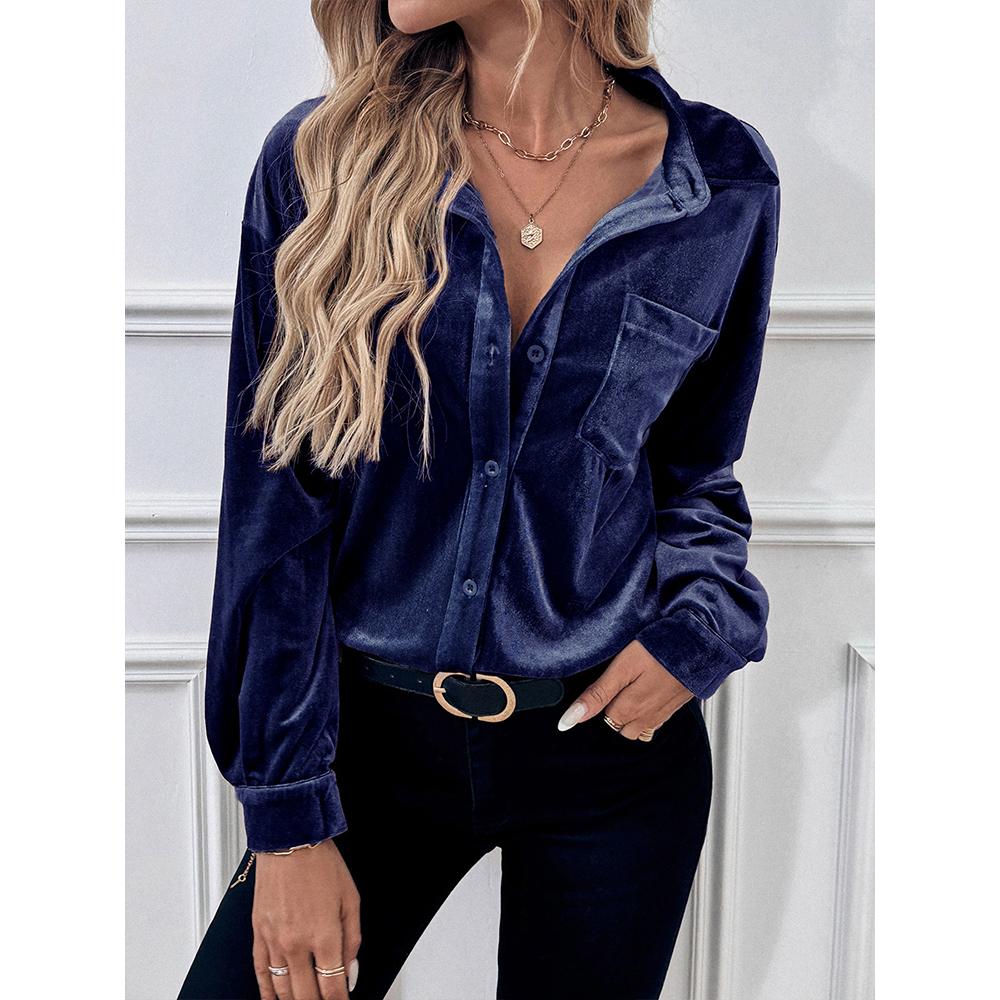 Damen Samt Button-Down Hemden Herbst Schick Lässig Vintage Oberteile V-Ausschnitt Raffinierte Blusen Langarm T-Shirts für Damen