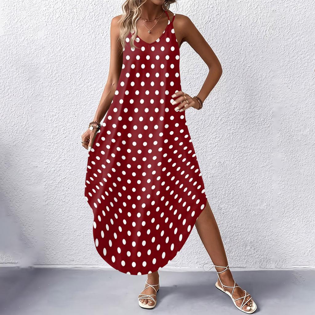 Women V Neck Polka Dot Printed Sleeveless Maxi Dress with Pockets Loose Fit Casual Beach Long Sundress for Summer
