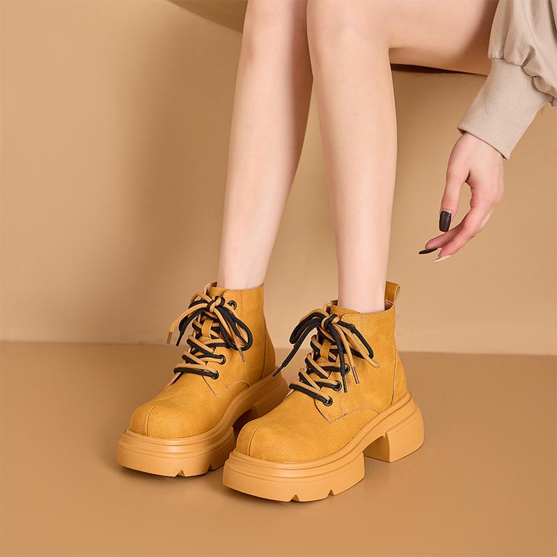 Women's Ankle Boots and Short Boots Thick-soled Casual Yellow Women Boots Plus Size Lace-up Motorcycle Boots Female