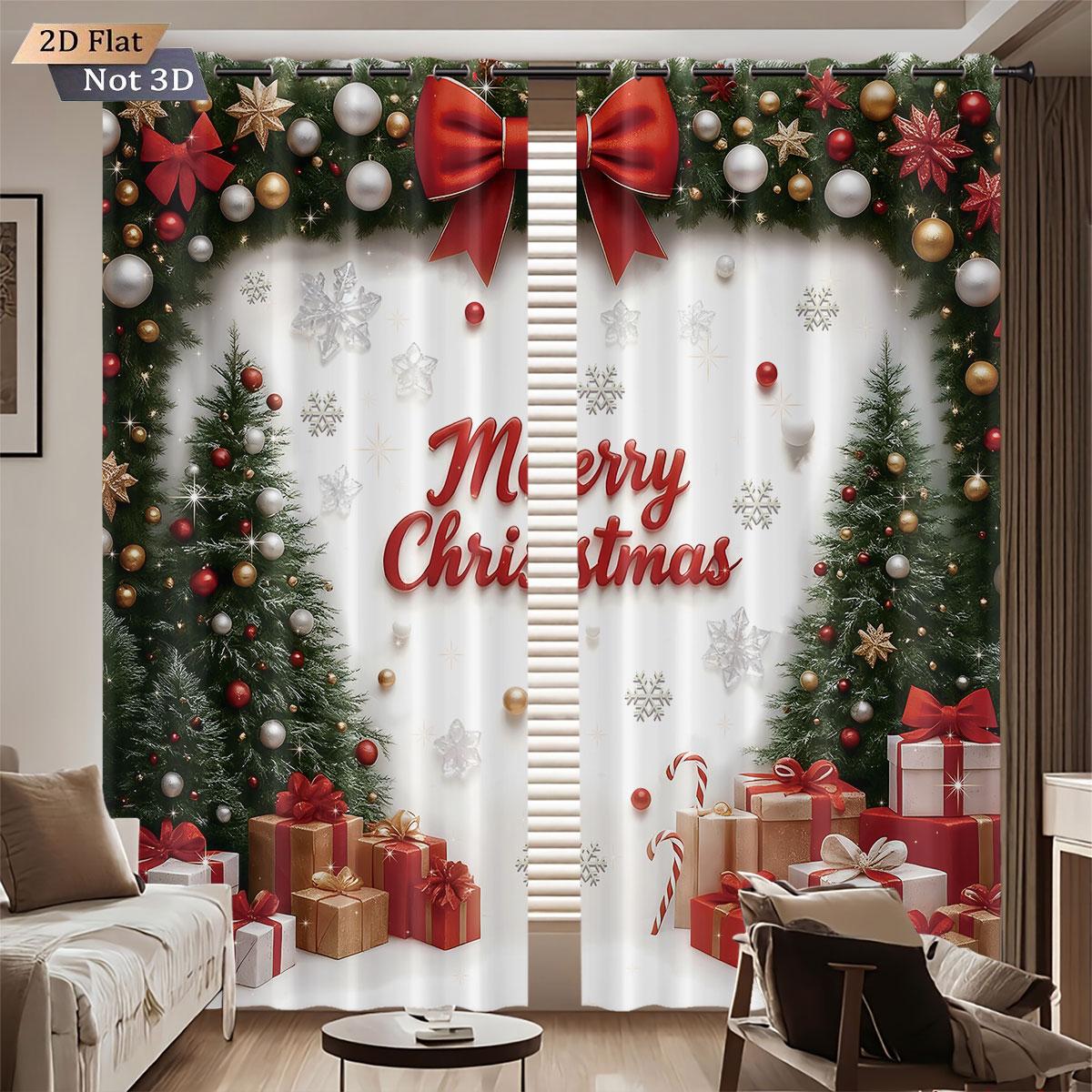 

Set Of 2 Happy Christmas Tree Printed Perforated Curtains Multi Size Living Room Insulation Festival Decoration Curtain With Light Blocking Polyester W100*H70(CM)-Rod Pocket&2PCS