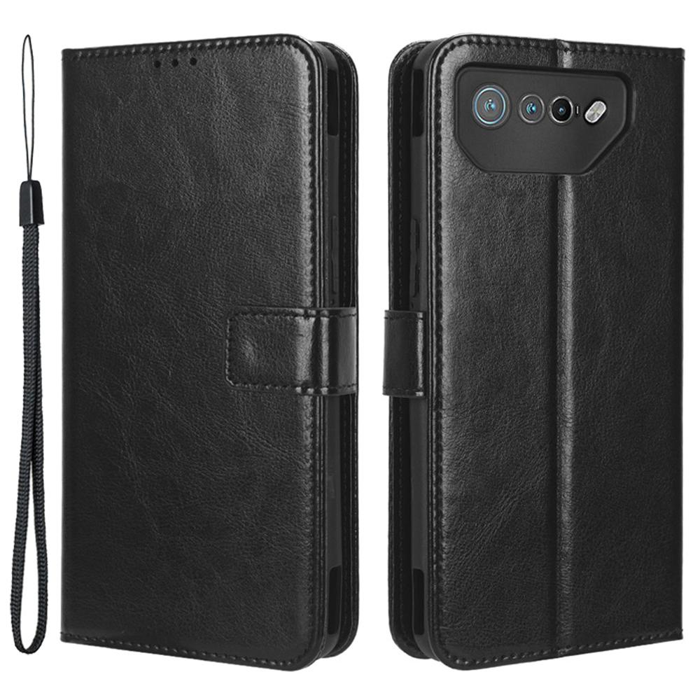 

Stand Case for Asus ROG Phone 7 5G Scratch Proof Crazy Horse Texture Wallet PU Leather Phone Cover Black