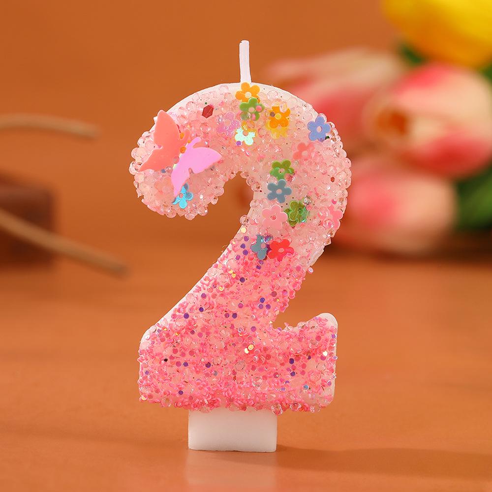 Romantische rosa Farbverlauf-Zahlenkerze mit Schmetterling und Blumen-Glitzer für Geburtstags-Kuchendekorationen