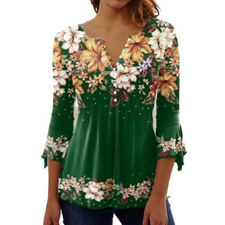 Women 3D Flower Print Pullover T-Shirt Top Loose Hem V-neck Buttons Half Placket 3 4 Sleeves Streetwear Blouse