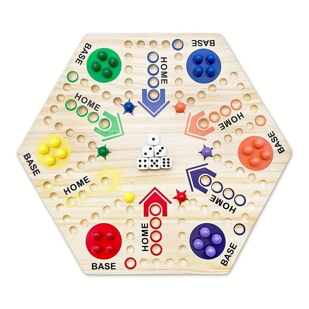 A High Quality Wooden Double Sided Board Game, Flying Chess Track Chessboard Party Game, for 4-6 Players, with 6 Colors 24 Marbles + 6 Dice