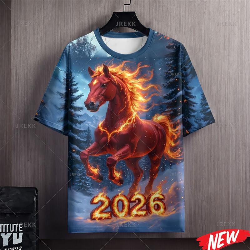 Colorful Happy New Year T Shirt Women 2026 New Year Round Neck Short Sleeve Women Family 3d Printing Horse Festival Party T Shirts