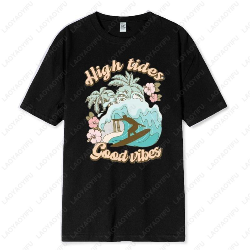 Good Vibes High Tides Shirt Vintage Summer Camping Tees Travel Adventure Road Trip Shirt Fashion Surf Flowers Pattern Cute Tops