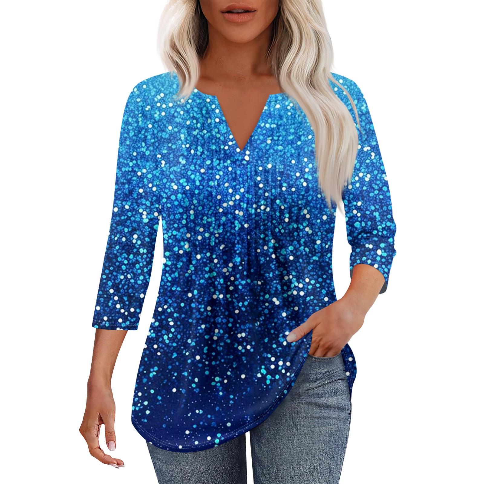 

Жіноча модна повсякденна плісирована однотонна футболка з V-подібним вирізом і рукавами сім чвертей M синій