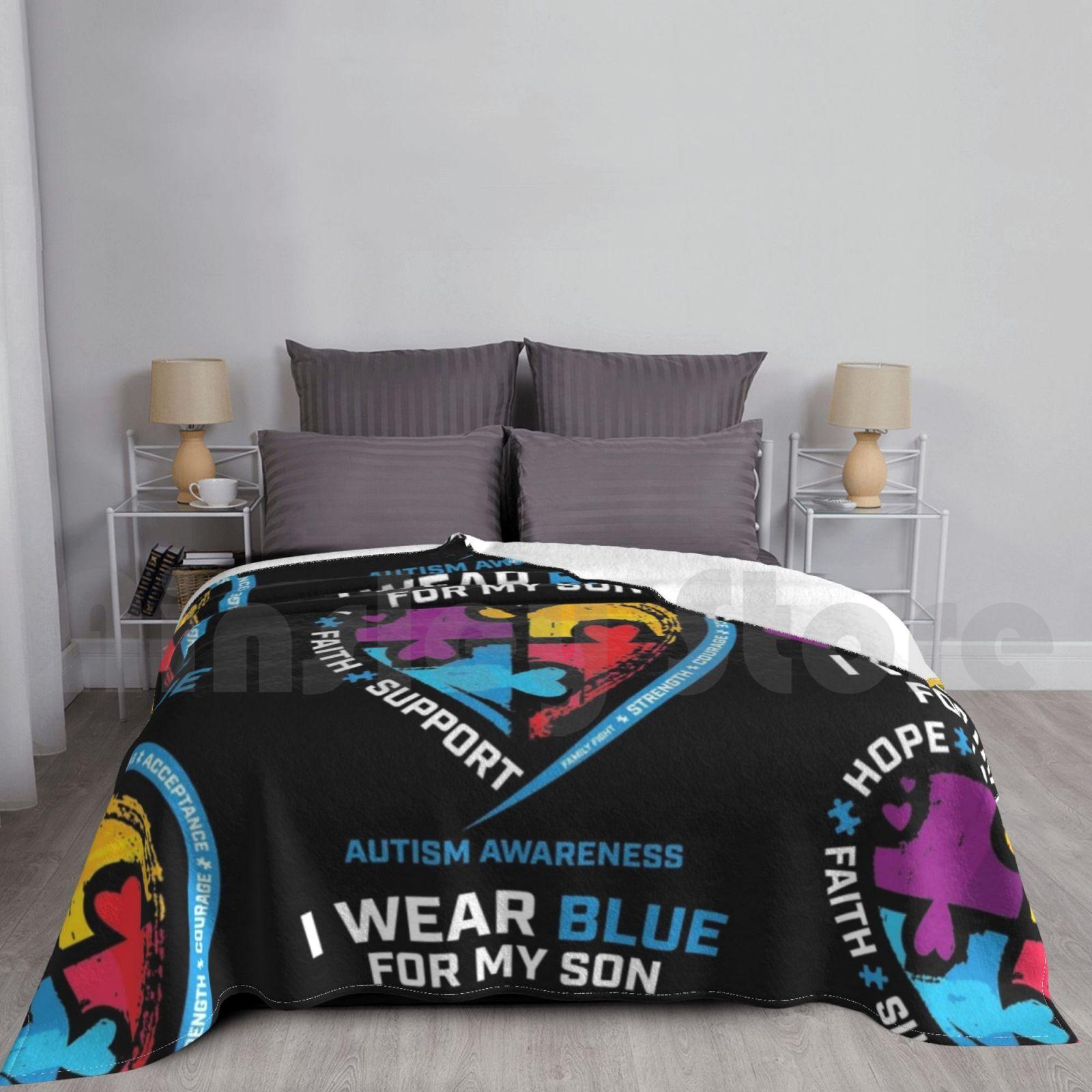 I Wear Blue For My Son Autism Awareness Gifts For Mom Dad Blanket For Sofa Bed Travel Autism Awareness Autism Size: 75*100cm, Weight: 230 GSM
