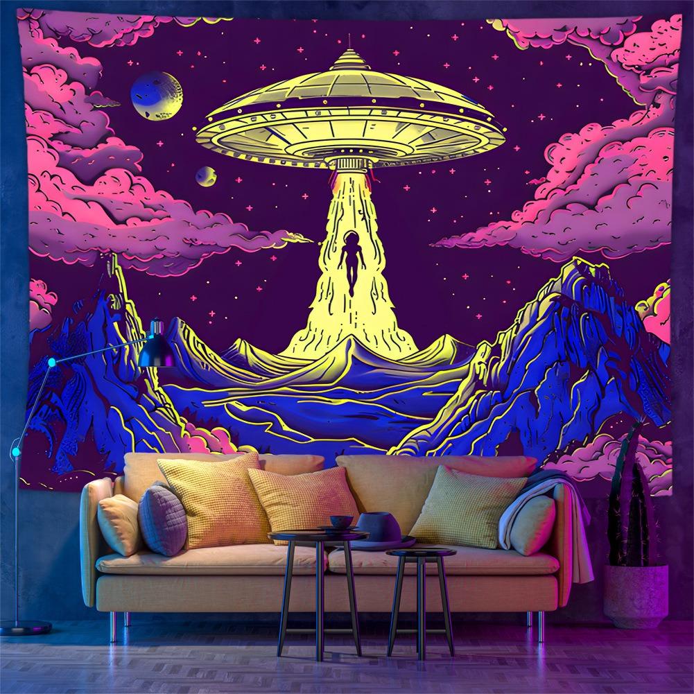 UV Reactive UFO Tapestry Psychedelic Alien Space 2D Flat Printed Peach Skin Wall Hanging Bedroom Aesthetic Gamer Room Decor