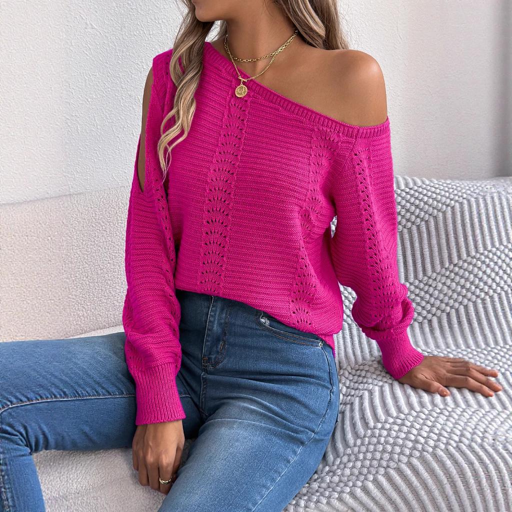 Women's Casual Solid-color Hollowed-out Off-the-shoulder Long-sleeved Pullover Sweater for Autumn and Winter