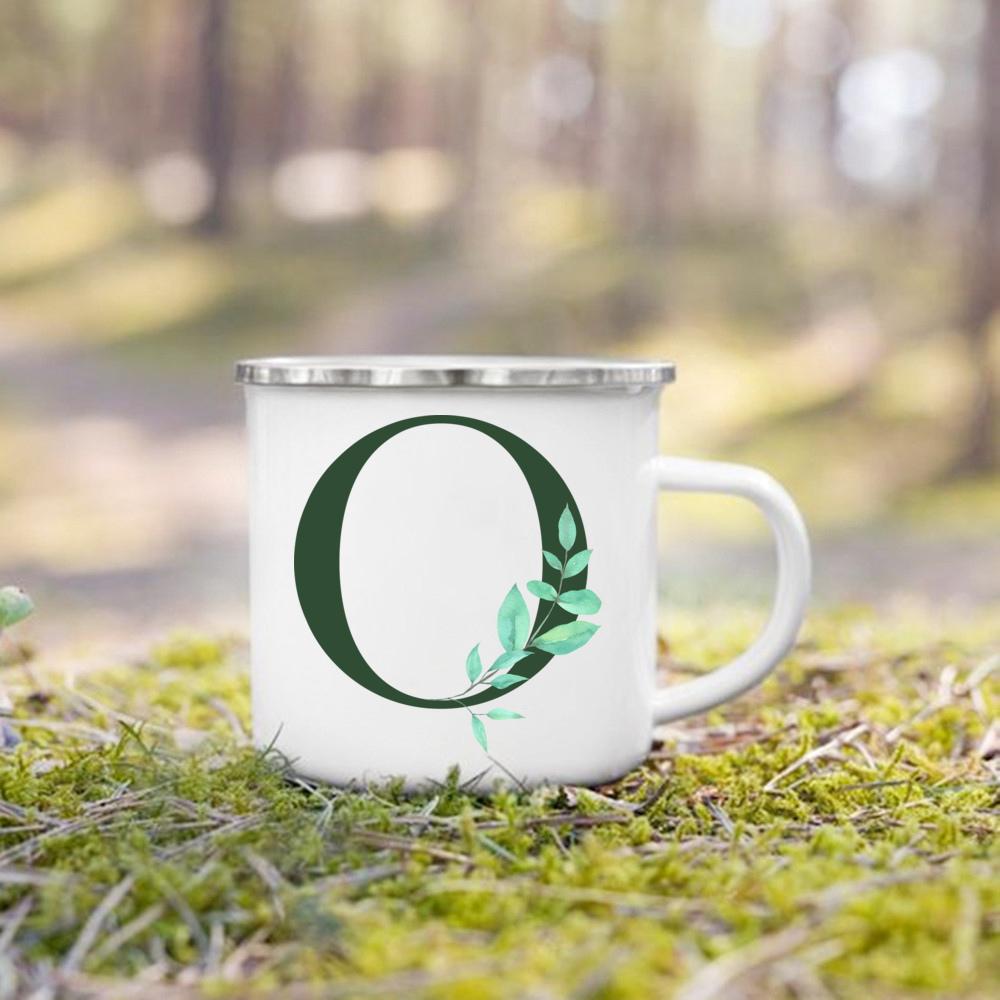 Emaille-Tasse mit Henkel, Aquarell, grünes Blatt mit Alphabet, Tasse, personalisierte Geschenke, Kaffee-Reisebecher, Bierbecher für Kaffee- und Teetassen