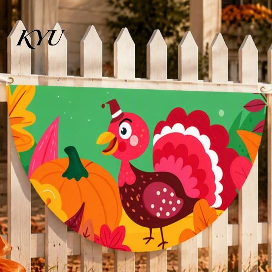Semicircular Autumn Party Supplies Fall Bunting Fan Flag for Outside, 1.5 X 3ft Turkey Pumpkin Maple Thanksgiving Leaf Pattern Hanging Banner, Harvest