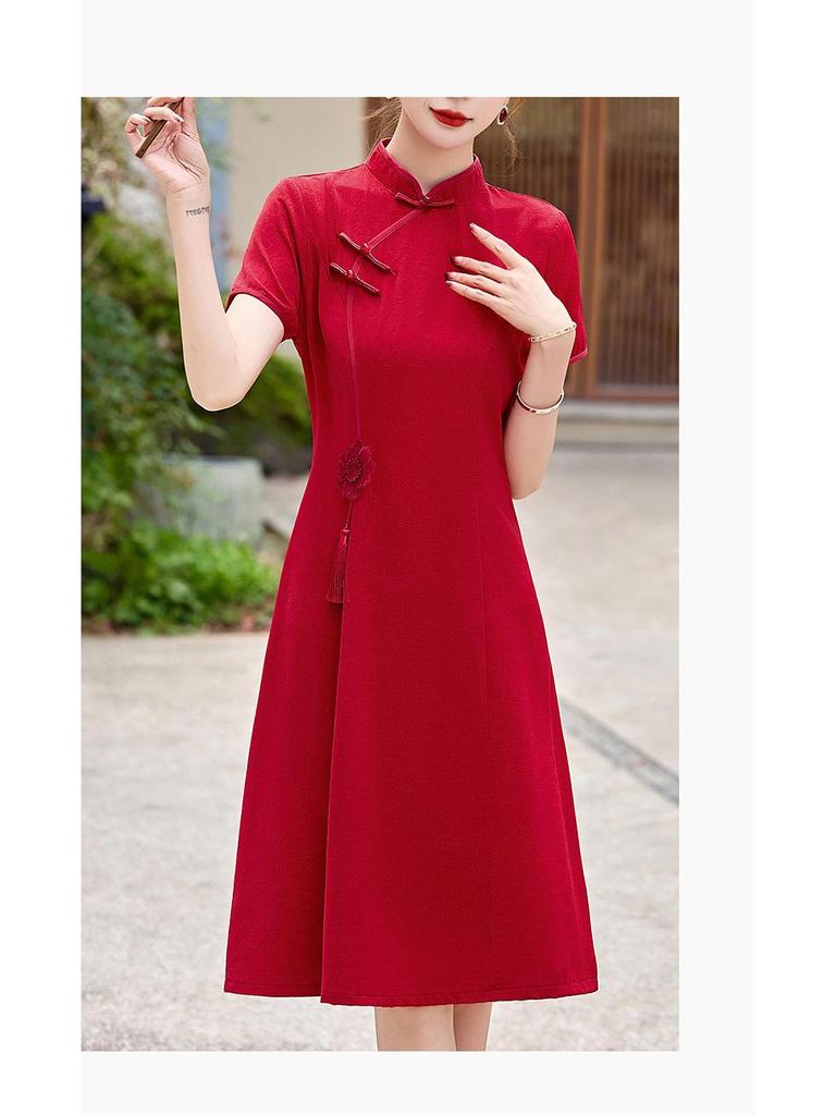 2025 Summer Women's Chinese Style Dress with Stand-up Collar and Tassel Appliqué - Style LX283