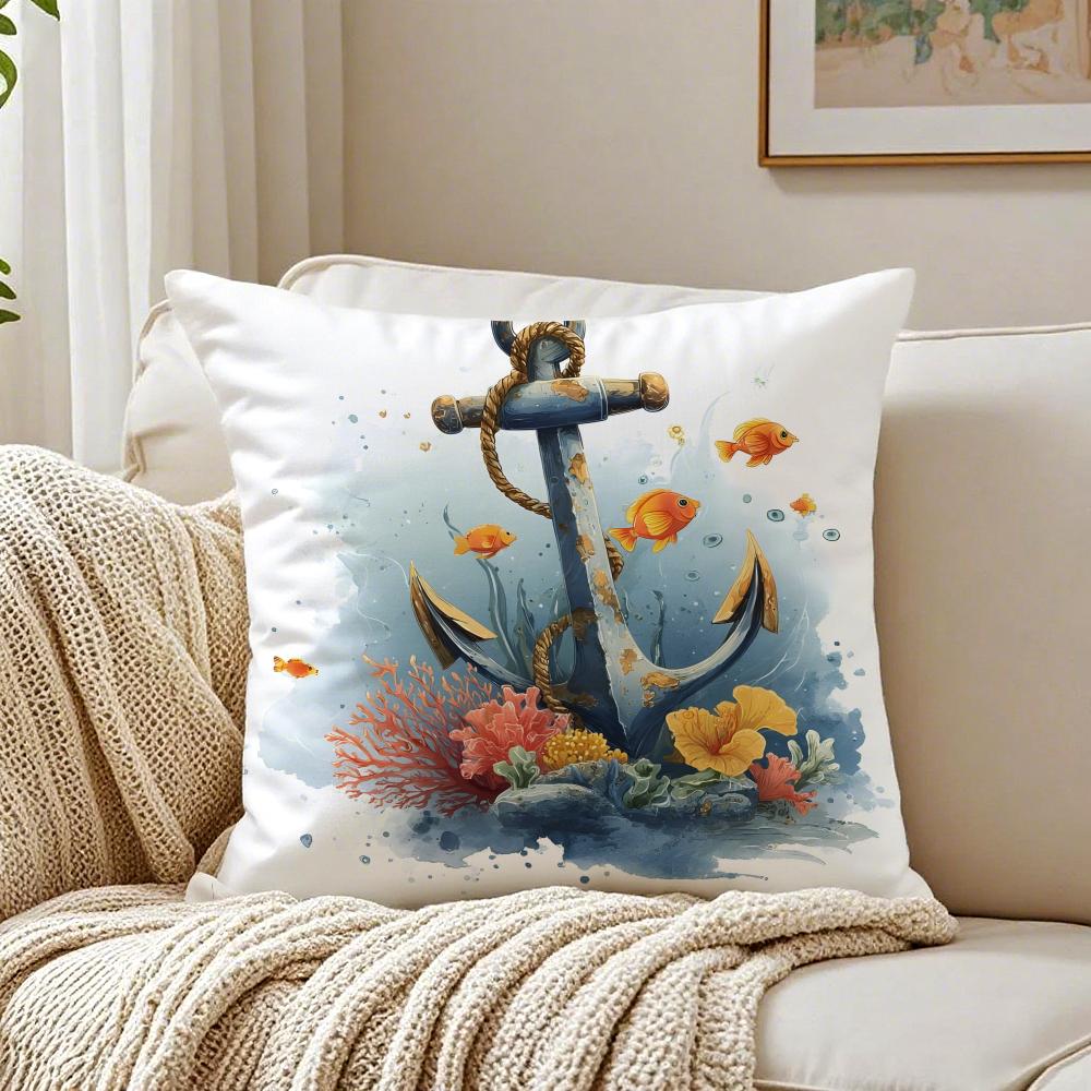MMarine Theme Rudder Anchor Animals Cushion Cover Linen Pillowcase Soft for Sofa Bed Home Room Decor