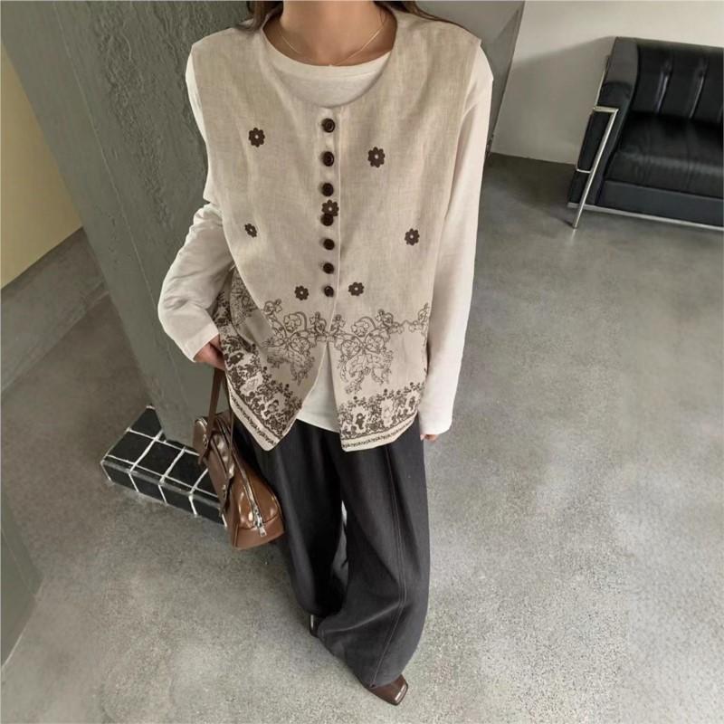 Johnature Bohemian Round Neck Printed Loose Vest For Women Versatile Casual Sleeveless Coat