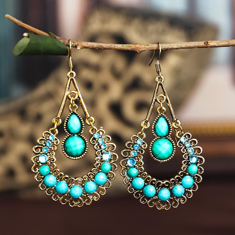 Ethnic Boho Women Drop Dangle Earrings Geometric Carved Hollow Bead Crystal Antique Bohemian Wedding Earring