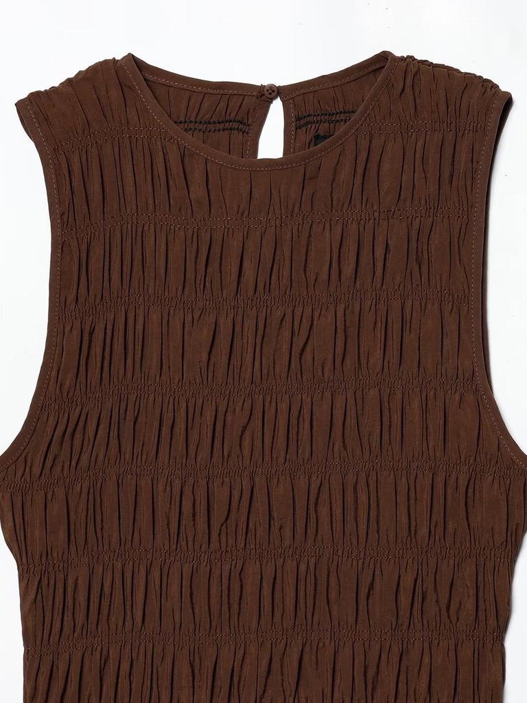 2026 Hot-Selling Retro Coffee Pleated Sleeveless Women's Long Dress with Waist-Cinched Big Hem
