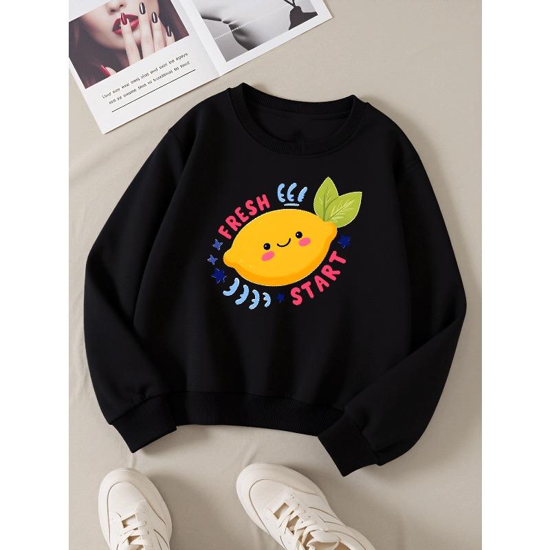 European sizes Fresh Lemon Start Day Girls' Crew Neck Sweatshirt, Autumn Winter Western Top, Long Sleeved Casual.