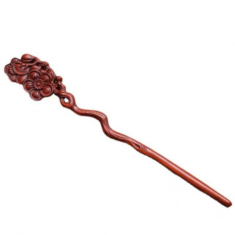 Red Sandalwood Women's Retro Hanfu Hairpins: Hollow Carved Moon Rabbit Wooden Ornaments