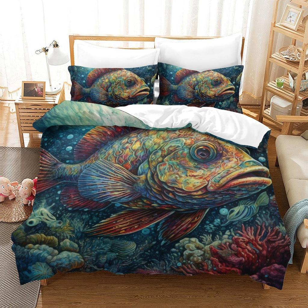 Colorful Fish 3D Digital Printing Polyester Quilt Cover Two Or Three Pieces Can Be