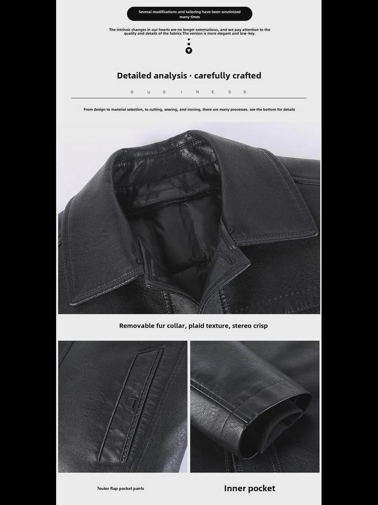 Chaqueta de cuero genuino de invierno para hombre con cuello de piel desmontable y forro de plumón: ideal para personas de mediana edad y mayores.