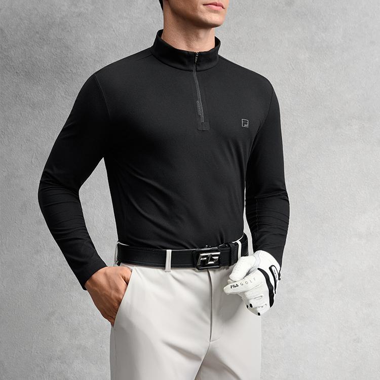 FILA Golf Series Simple Style Casual Sports Versatile Elastic Comfortable Long Sleeve Stand Collar Knit Top Men tops A11M545216FBK