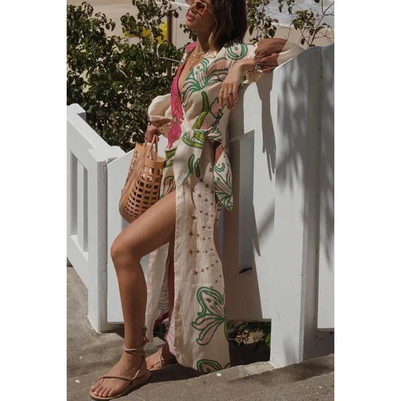 

European and American New Long sleeve Vacation Print Long sleeve Cardigan Lace-up Dress Women Printed Dress Women Color XXL