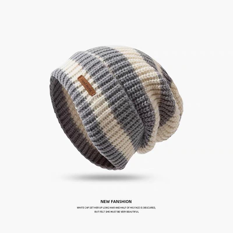 Wholesale Winter Warm Unisex Beanie Crochet Knitted Striped 100% Acrylic Leather Patch Travel-Friendly Beach Hat One Size