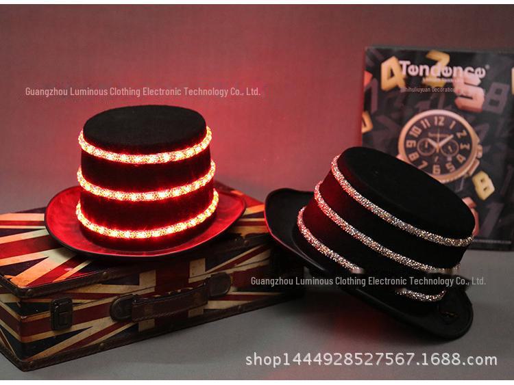 LED Jazz Hat with Diamonds: High-Brightness White Light Top Hat for Dance Parties, KTV, and Bars, Battery Operated
