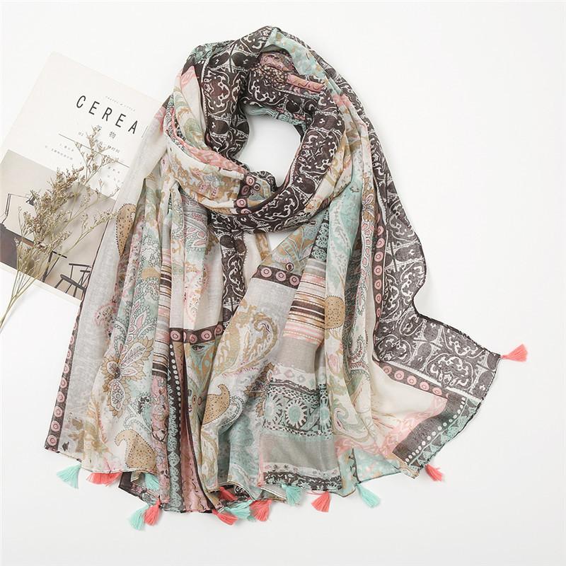 New Fashion Luxury Brand Bohemian Floral Tassel Viscose Shawl Scarf Lady High Quality Wrap Pashmina Stole Muslim Hijab 180*90Cm