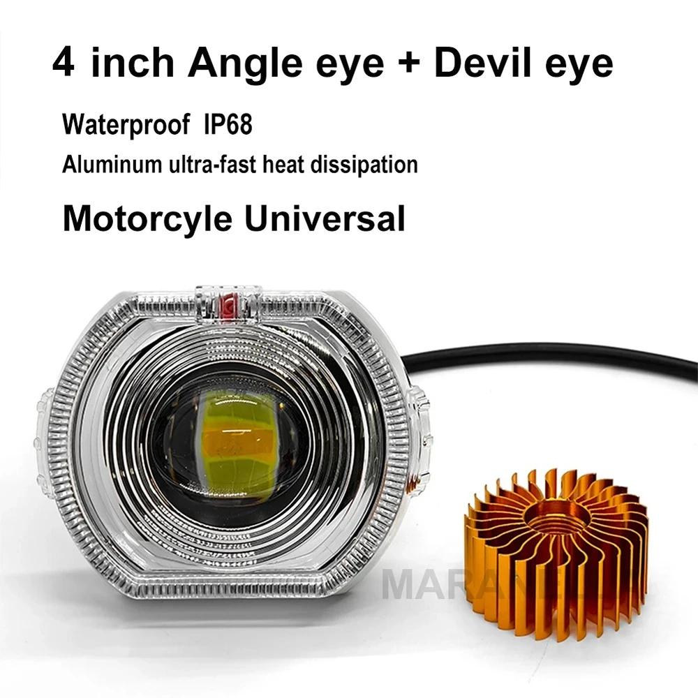 LED Headlight Projector Lens Dual Halo Angel Eyes with Devil Effect for Car & Motorcycle High/Low Beam DRL Strobe Mode Support