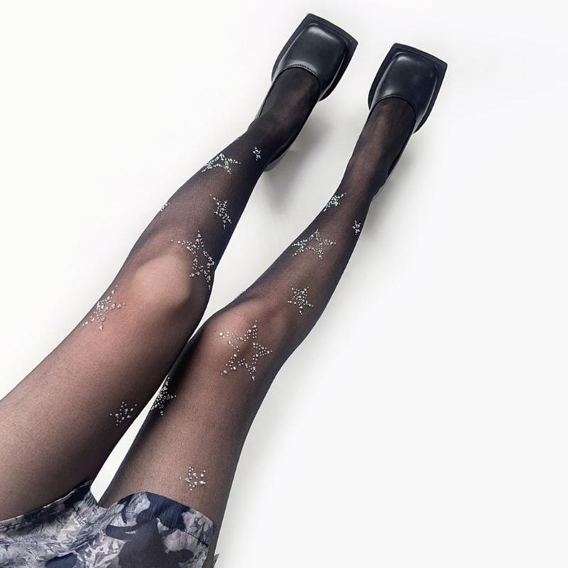 Black Sock Leggings Pantyhose Comfortable Seamless-Sheer Tight Star Print Rhinestone-Stockings for Women Girl Teen