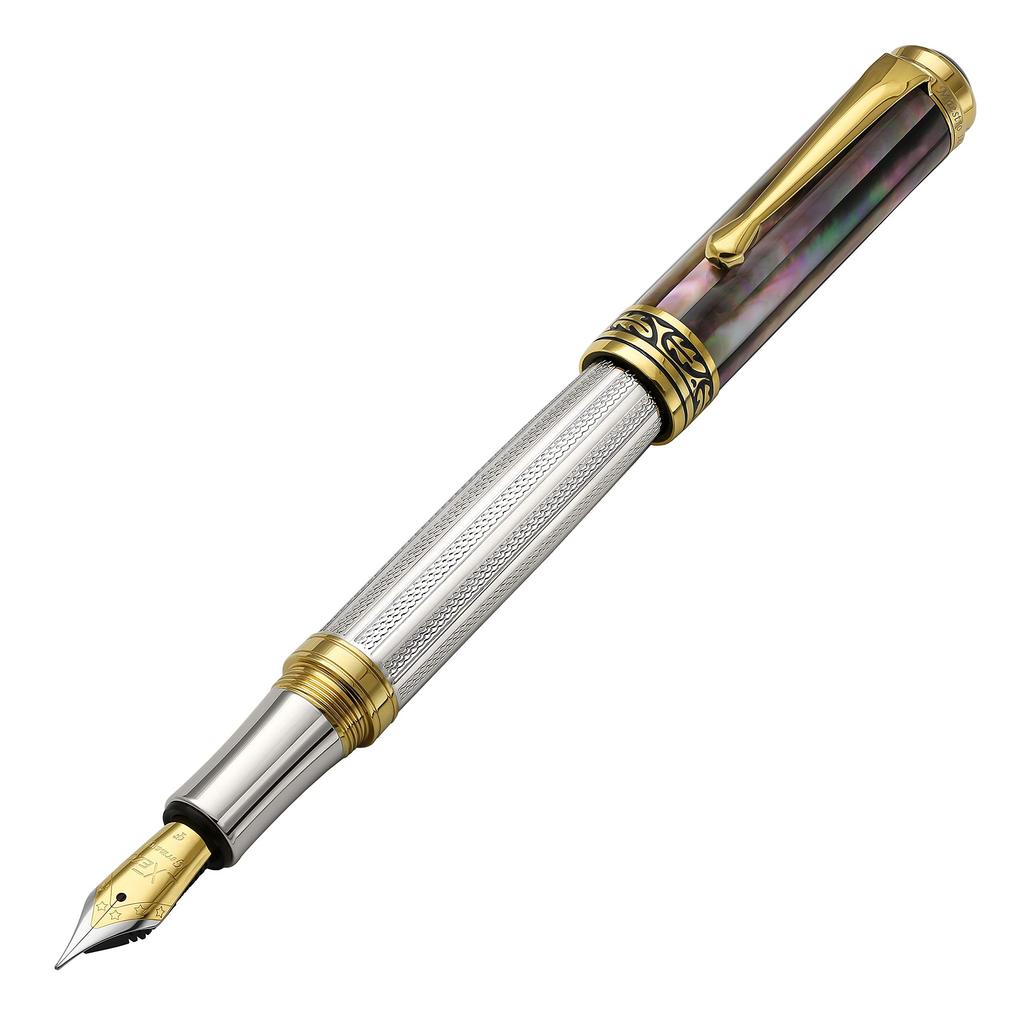 Xezo Master Pearl Fine Point Fountain Pen Crafted from Solid 925 Sterling Silver with Black Mother of Marine 18K Gold Origin. Plated.