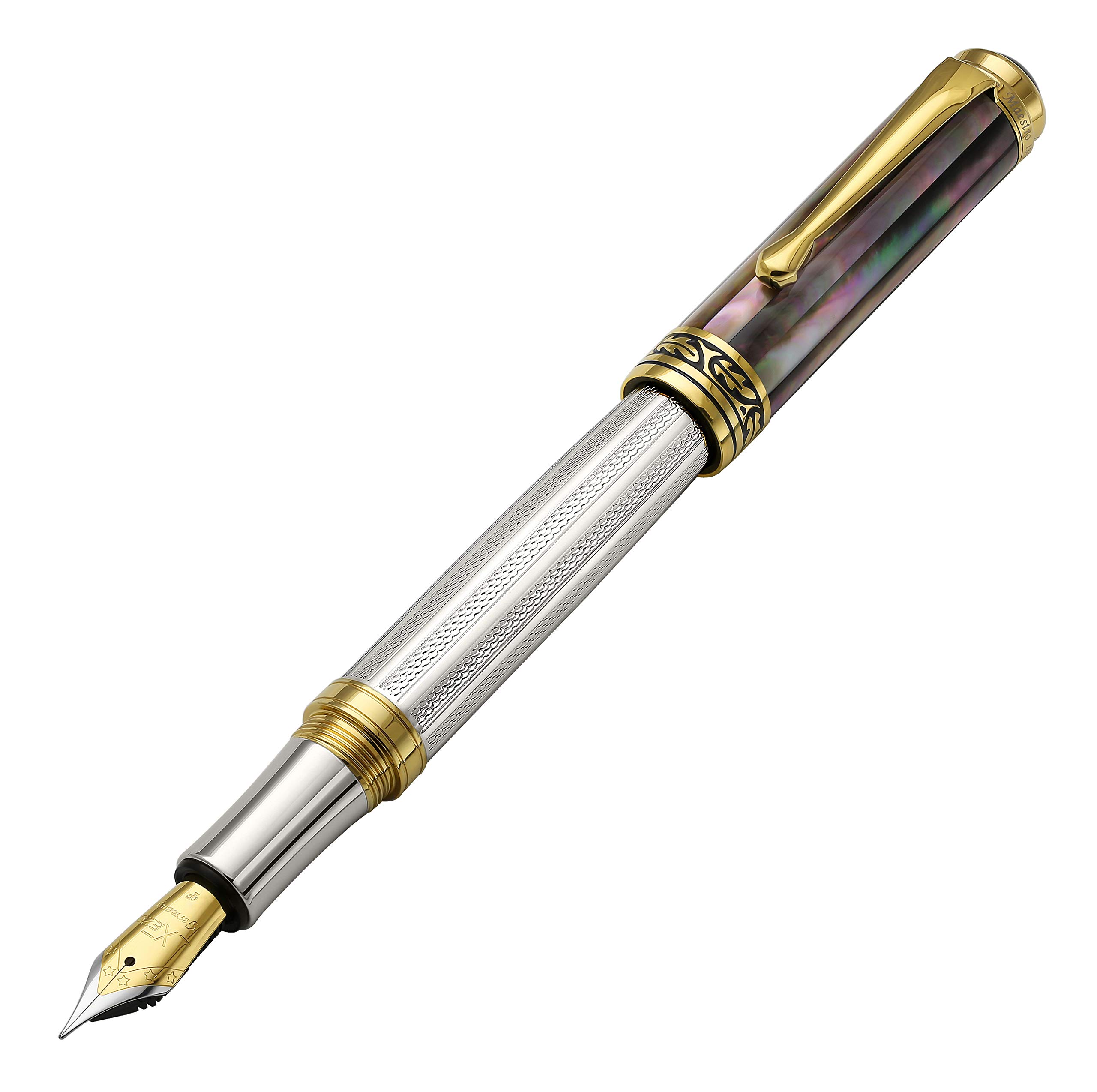 

Xezo Master Pearl Fine Point Fountain Pen Crafted from solid 925 sterling silver with black mother of marine 18K gold origin. plated.