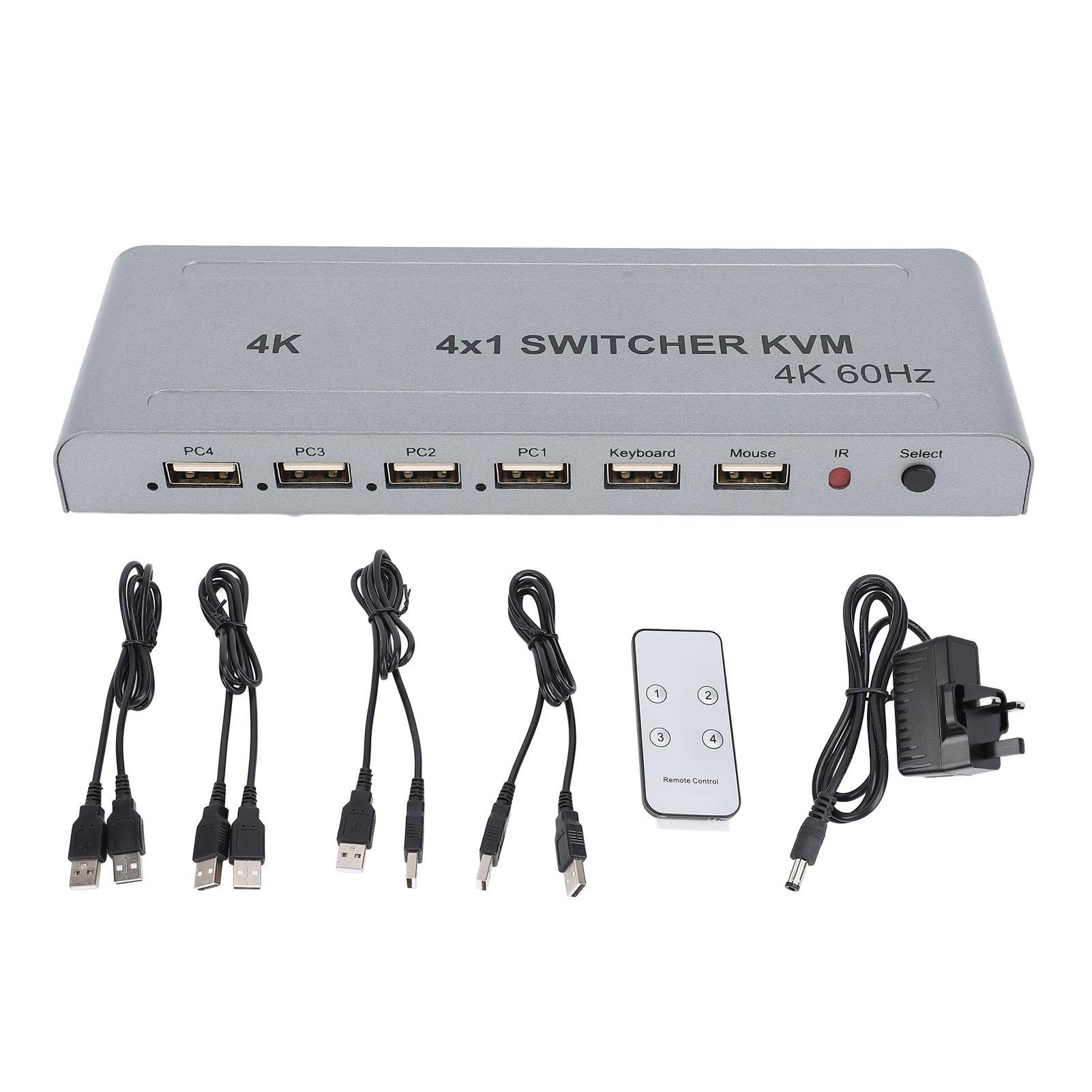 

HD Мультимедийный KVM-переключатель 4K 60 Гц 4 в 1 выход Multi Viewer Бесшовный коммутатор с инфракрасным пультом дистанционного управления UK Plug