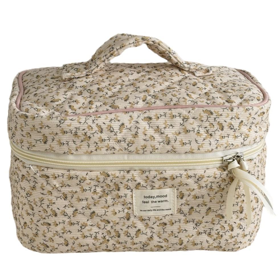 Yellow Floral Corduroy Makeup Bag - Korean Style, Portable, Large Capacity, Washable