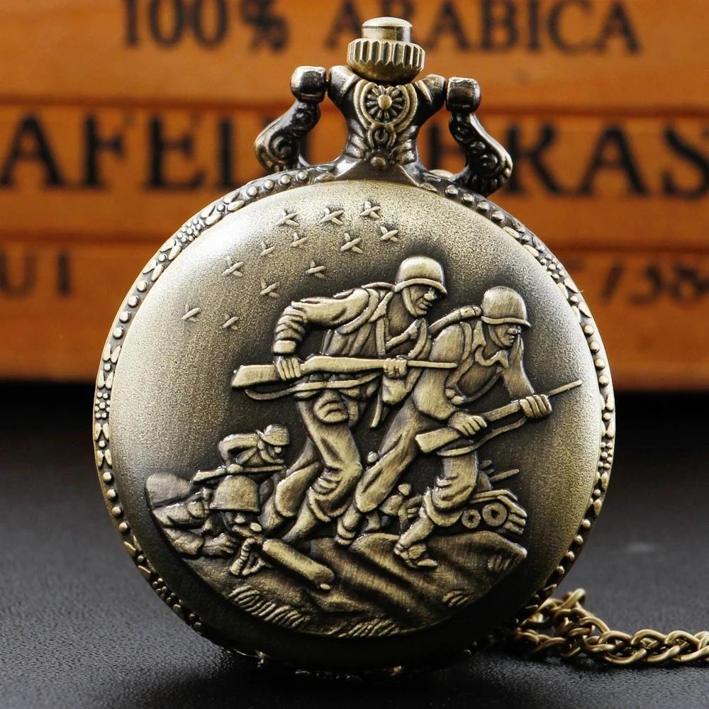 

Bronze Soldiers Unisex Pocket Watch Antique Vintage Design Quartz Chain Clock Pendant Jewelry Timepiece Gift for Women Men коричневий