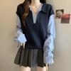 Fake Two-piece Long-sleeved POLO Collar Shirt Autumn Korean Style Slimming Top