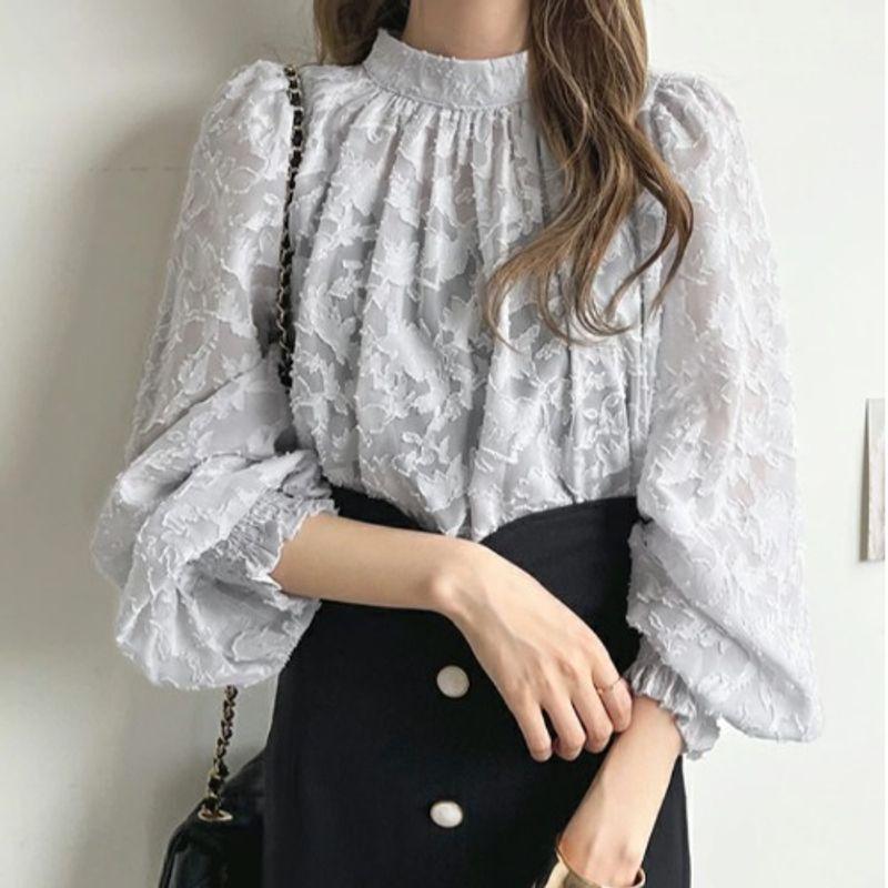 Fall Standing Collar Plus Size Loose Work Clothing Bubble Long Sleeve Chiffon Shirt Lace Tops Sun Protection Clothing Air Conditioning Shirt for Women