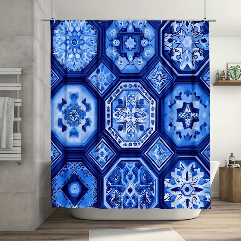 

Geometric Blue Ethnic Shower Curtain - Hexagonal Elements On Light Deep Blue, Durable Polyester,Easy Clean For Bathroom Decor W60H190(CM)-1 Pcs