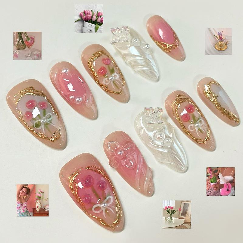 24Pcs White Almond Press On Nails With Black Polka Dots Simple Stick On Fake Nails For Women